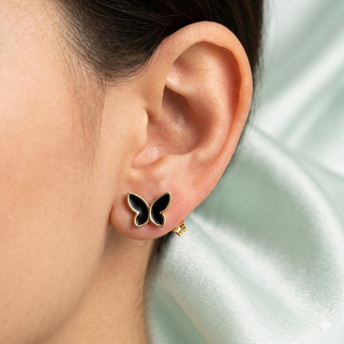 Black Butterfly Gold Stud Earrings