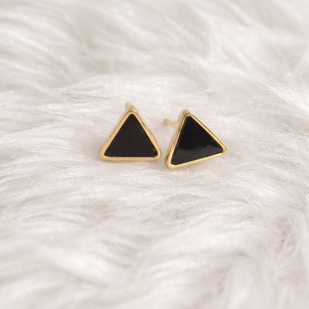 Black Triangle Gold Stud Earrings