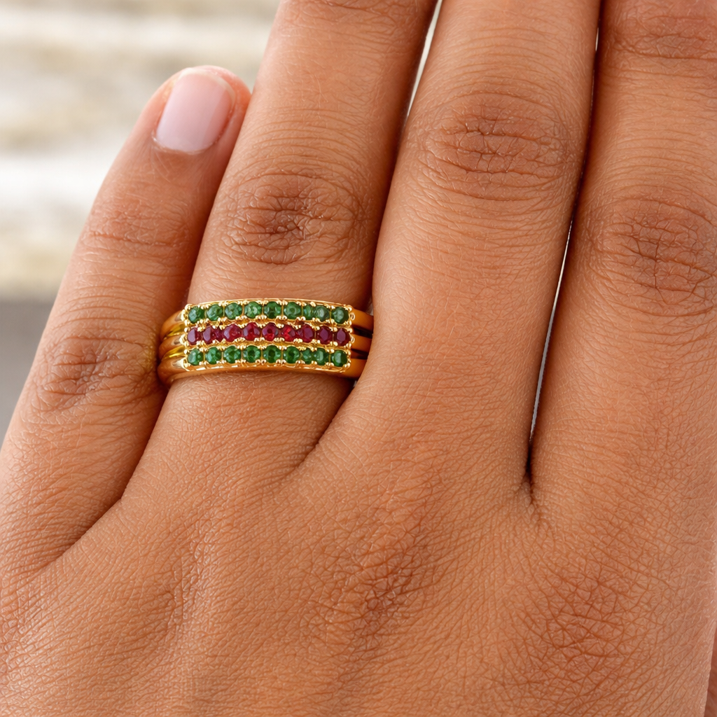 Green & Red Stone Triple Layer Fancy Ring