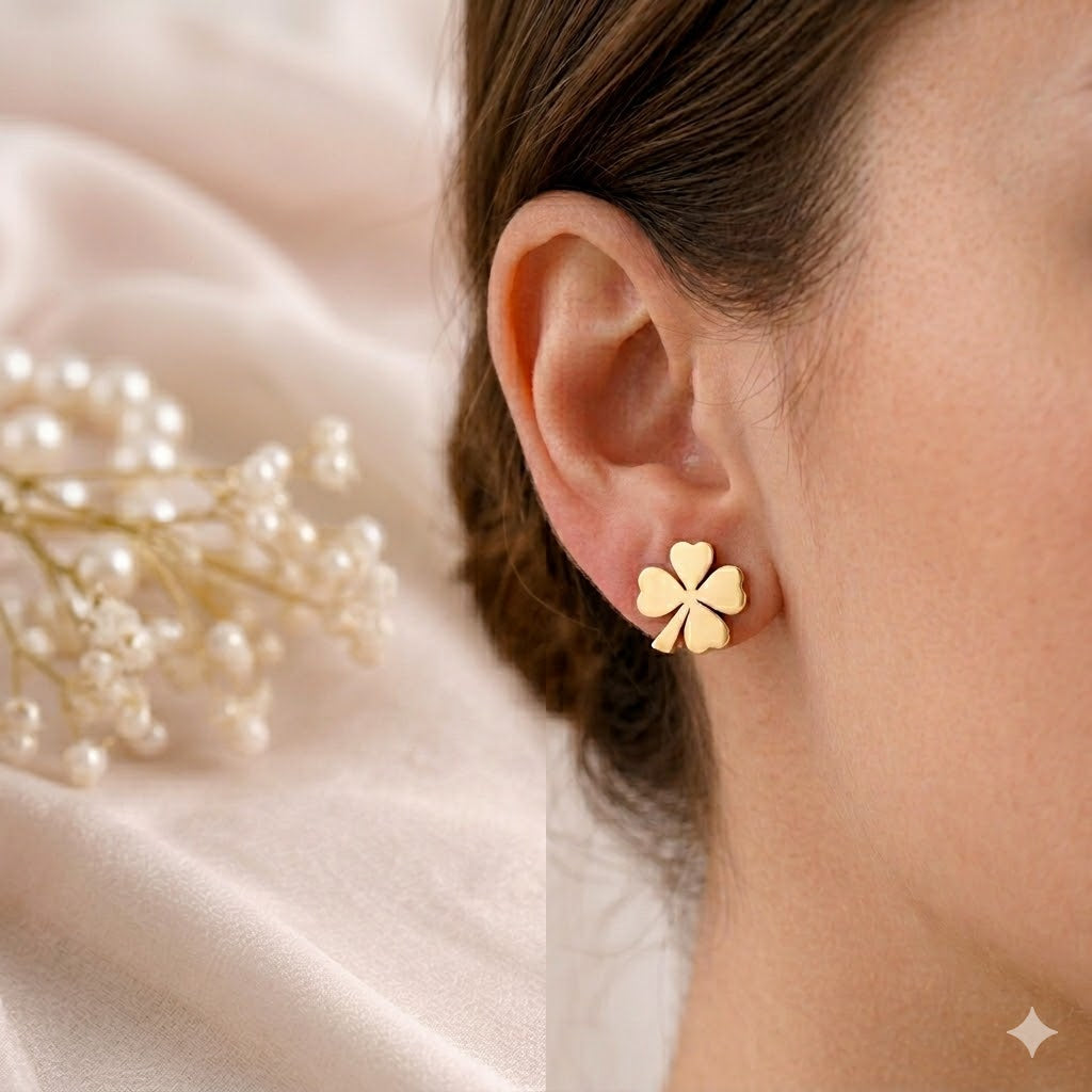 Gold Clover Heart Stud Earrings