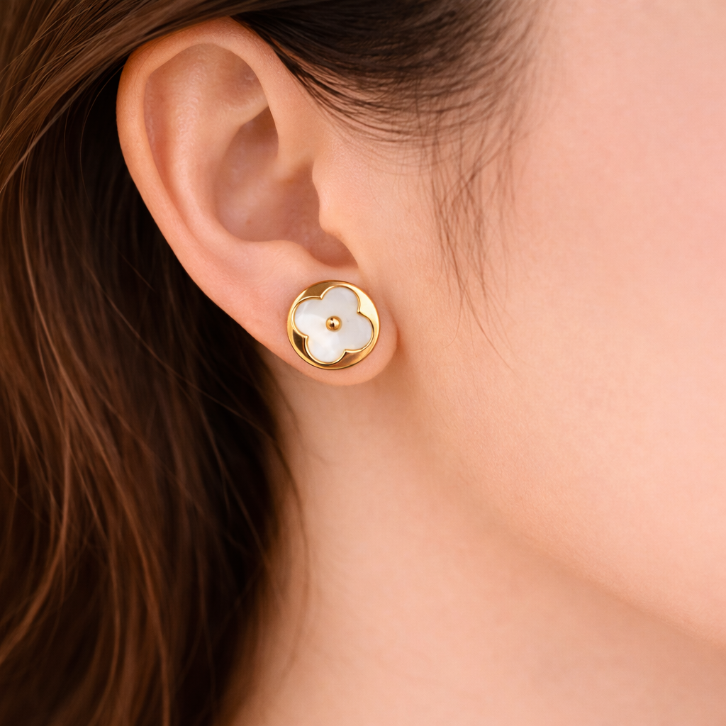 Gold Clover Pearl Stud Earrings