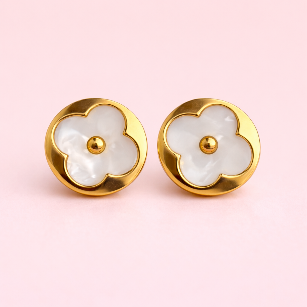 Gold Clover Pearl Stud Earrings