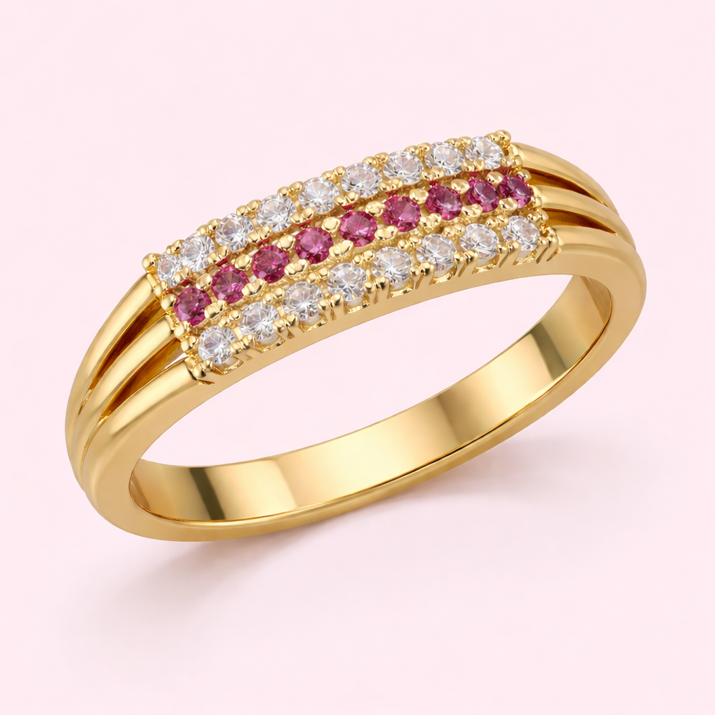 Pink Stone & Diamond Triple Row Fancy Ring