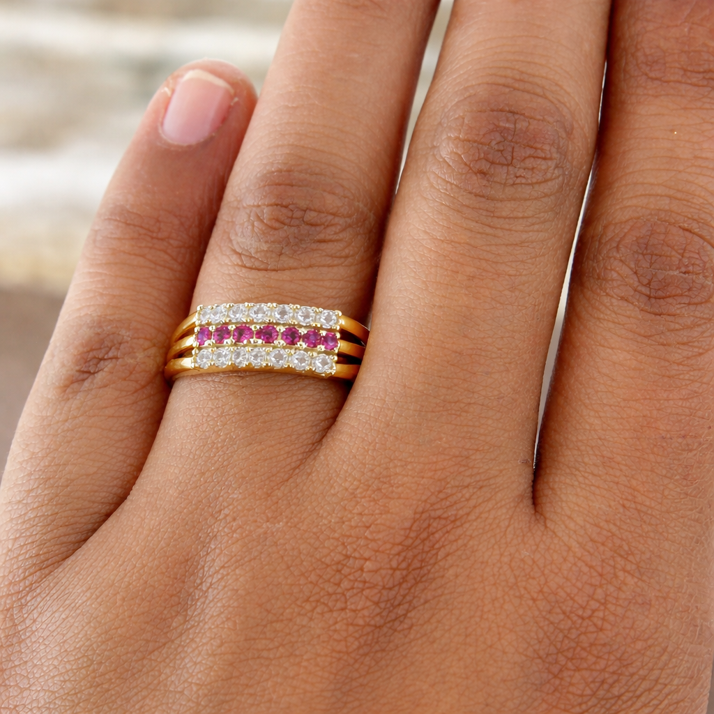 Pink Stone & Diamond Triple Row Fancy Ring