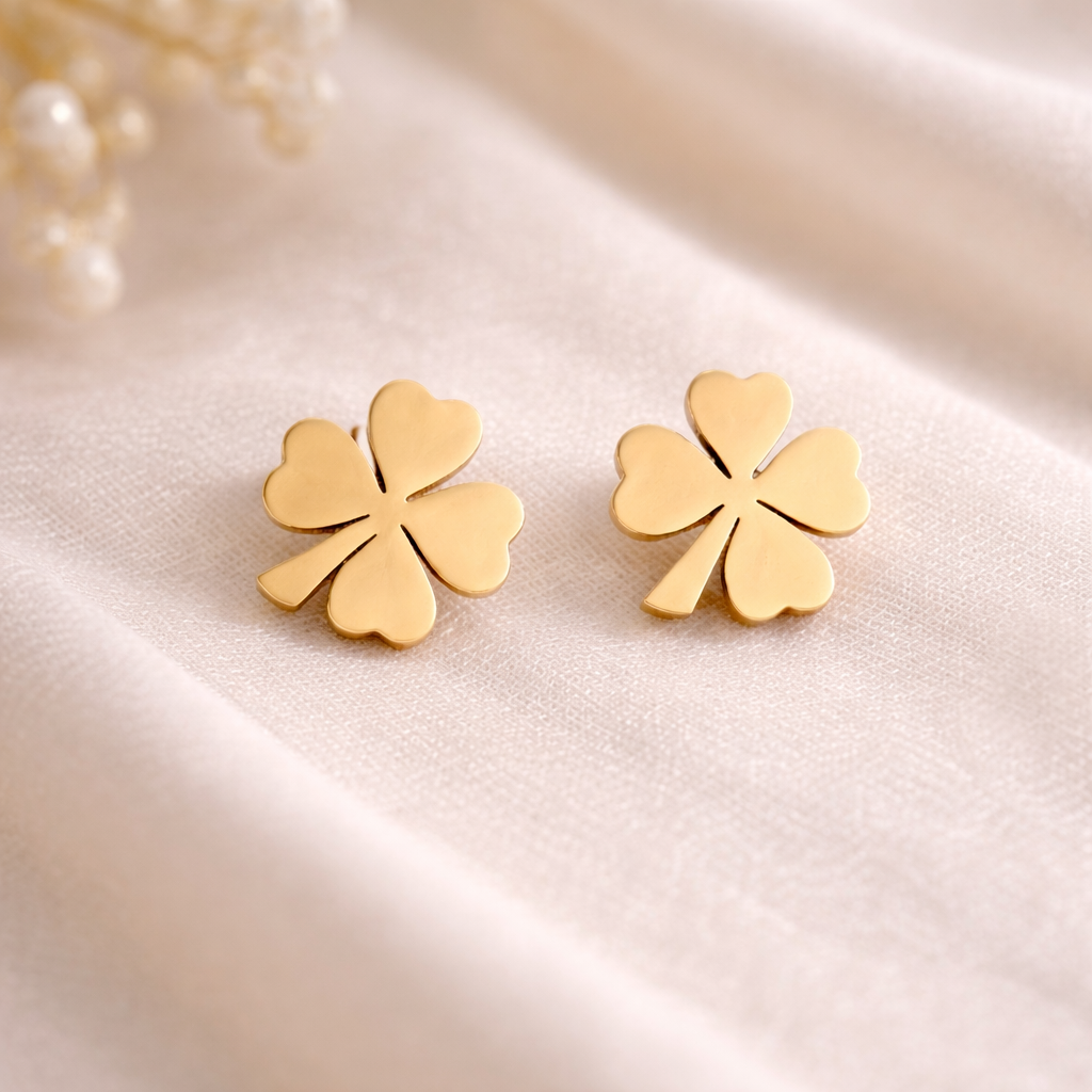 Gold Clover Heart Stud Earrings