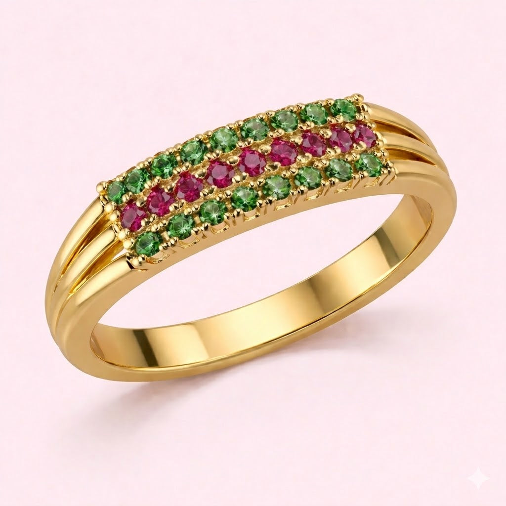 Green & Red Stone Triple Layer Fancy Ring