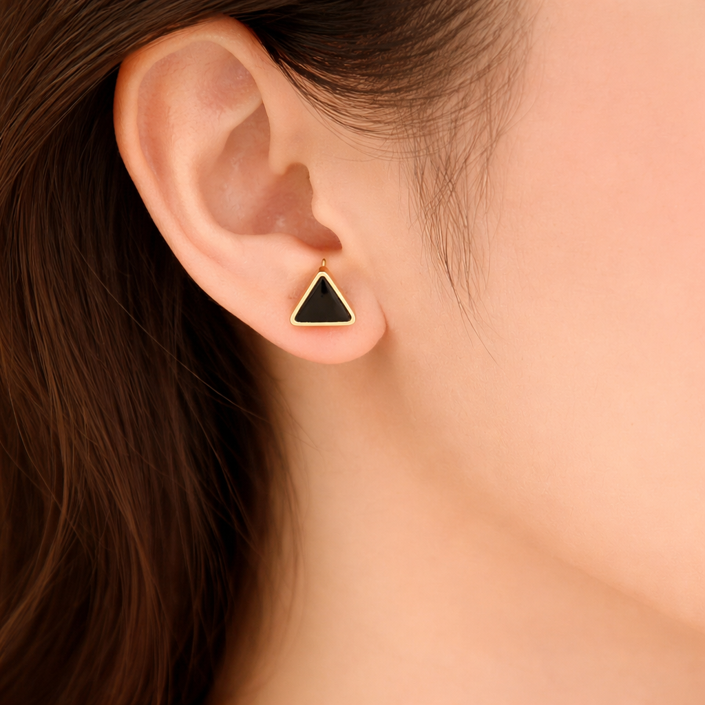 Black Triangle Gold Stud Earrings