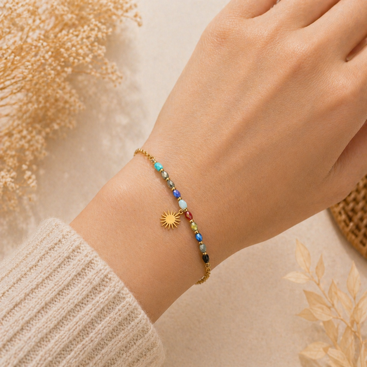 Sun Charm Multicolor Beaded Bracelet