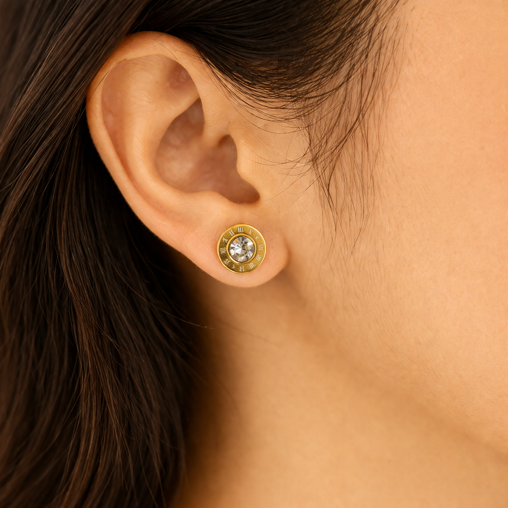 Roman Zircon Gold Stud Earrings