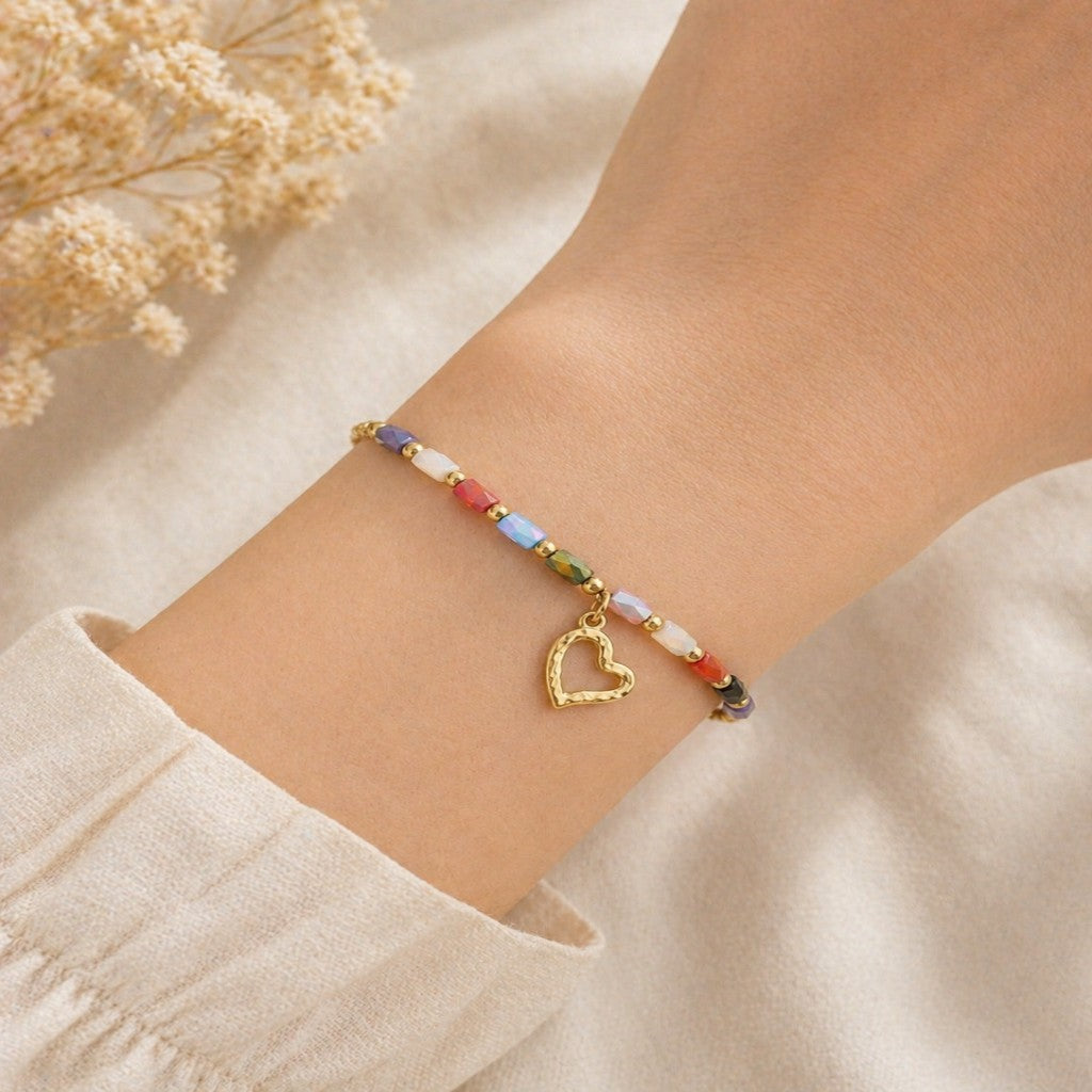Multi-Color Bead Heart Charm Bracelet