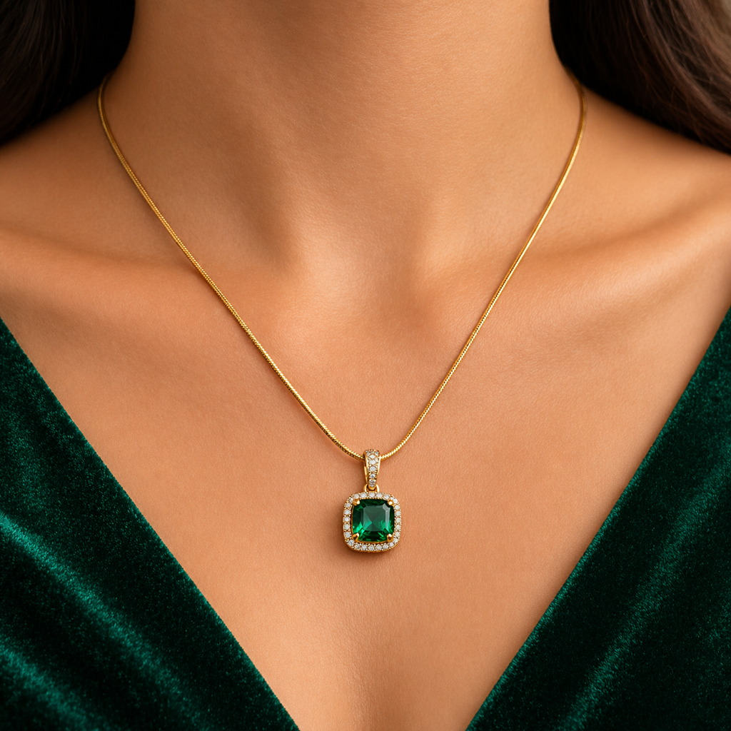 Emerald Halo Pendant Necklace
