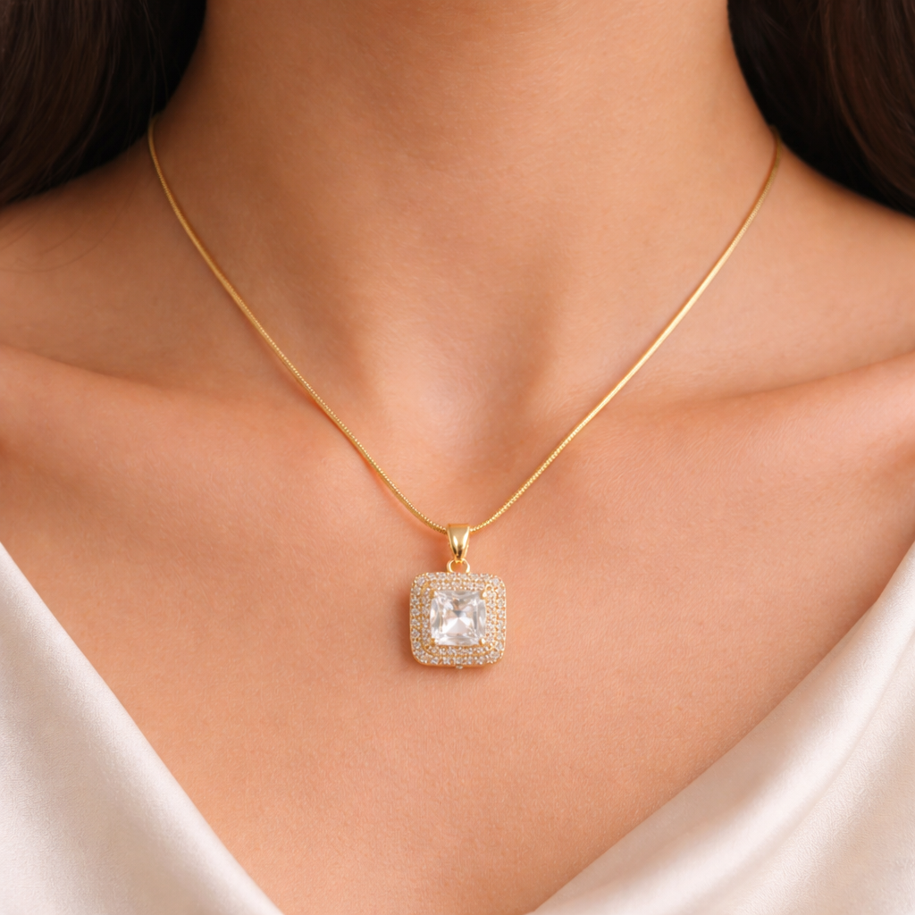 Square Crystal Pendant Necklace